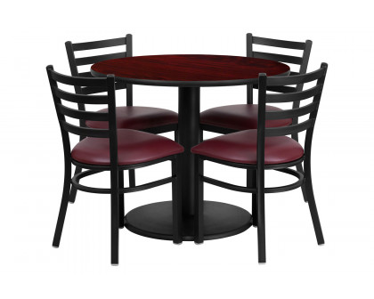 BLNK Jamie Round Mahogany Laminate Table Set with Round Base and 4 Ladder Back Metal Chairs with Vinyl Seat - Burgundy