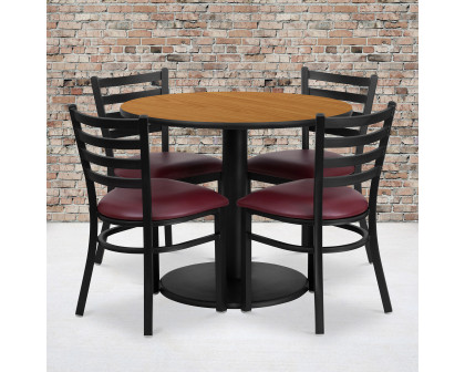 BLNK Jamie Round Natural Laminate Table Set with Round Base and 4 Ladder Back Metal Chairs with Vinyl Seat