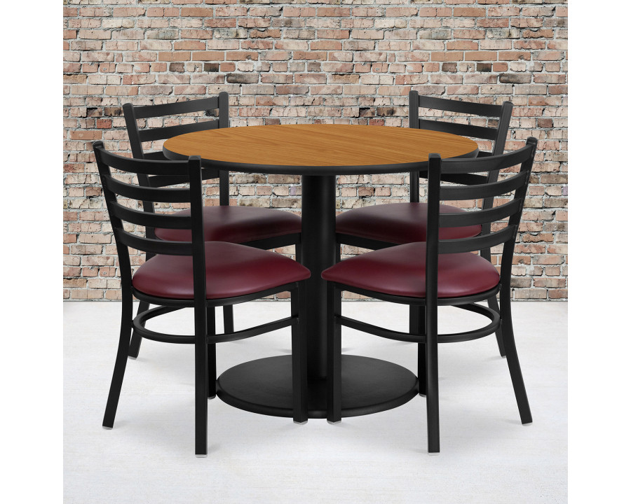 BLNK Jamie Round Natural Laminate Table Set with Round Base and 4 Ladder Back Metal Chairs with Vinyl Seat - Burgundy