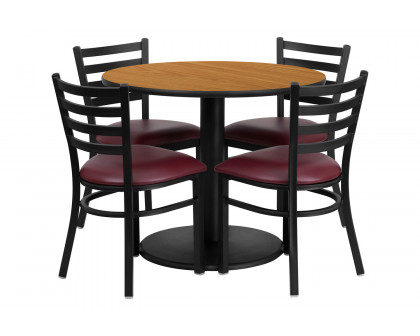 BLNK Jamie Round Natural Laminate Table Set with Round Base and 4 Ladder Back Metal Chairs with Vinyl Seat - Burgundy