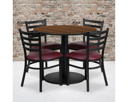 BLNK Jamie Round Walnut Laminate Table Set with Round Base and 4 Ladder Back Metal Chairs with Vinyl Seat