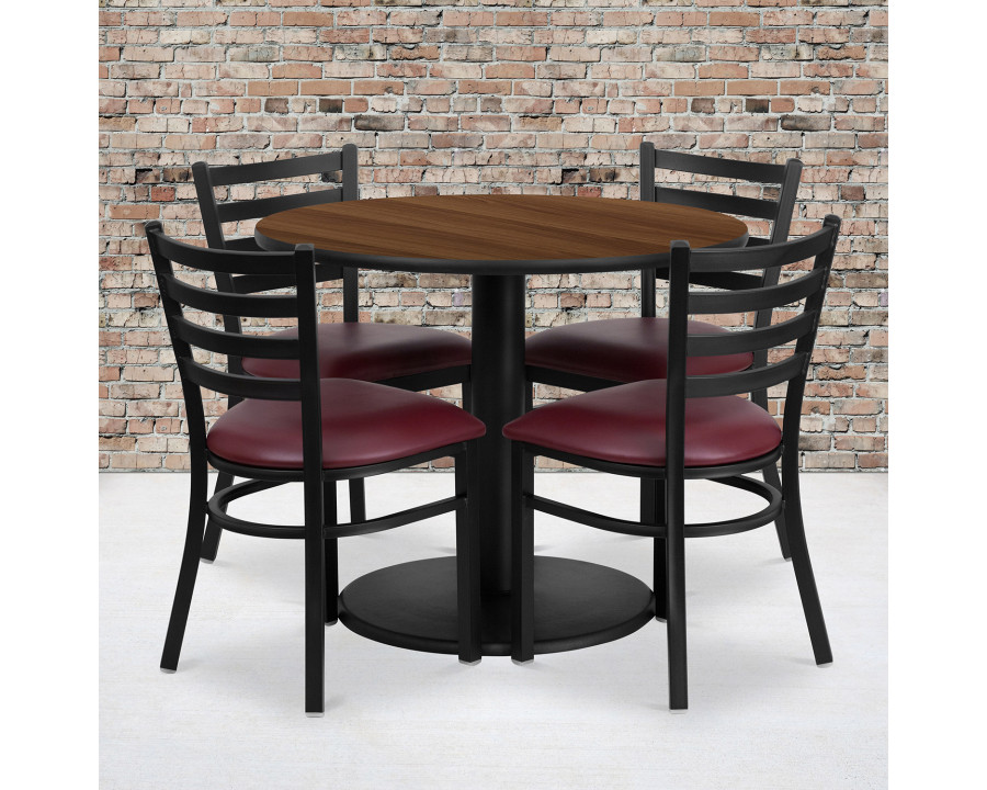 BLNK Jamie Round Walnut Laminate Table Set with Round Base and 4 Ladder Back Metal Chairs with Vinyl Seat - Burgundy