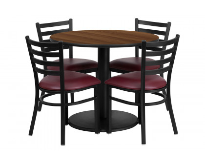 BLNK Jamie Round Walnut Laminate Table Set with Round Base and 4 Ladder Back Metal Chairs with Vinyl Seat - Burgundy