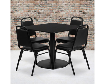 BLNK Jamie Square Laminate Table Set with Round Base and 4 Black Trapezoidal Back Banquet Chairs