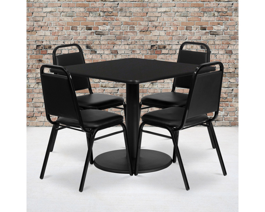 BLNK Jamie Square Laminate Table Set with Round Base and 4 Black Trapezoidal Back Banquet Chairs - Black