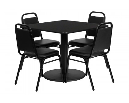 BLNK Jamie Square Laminate Table Set with Round Base and 4 Black Trapezoidal Back Banquet Chairs - Black