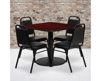 BLNK Jamie Square Laminate Table Set with Round Base and 4 Black Trapezoidal Back Banquet Chairs