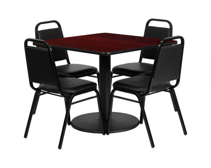 BLNK Jamie Square Laminate Table Set with Round Base and 4 Black Trapezoidal Back Banquet Chairs - Mahogany