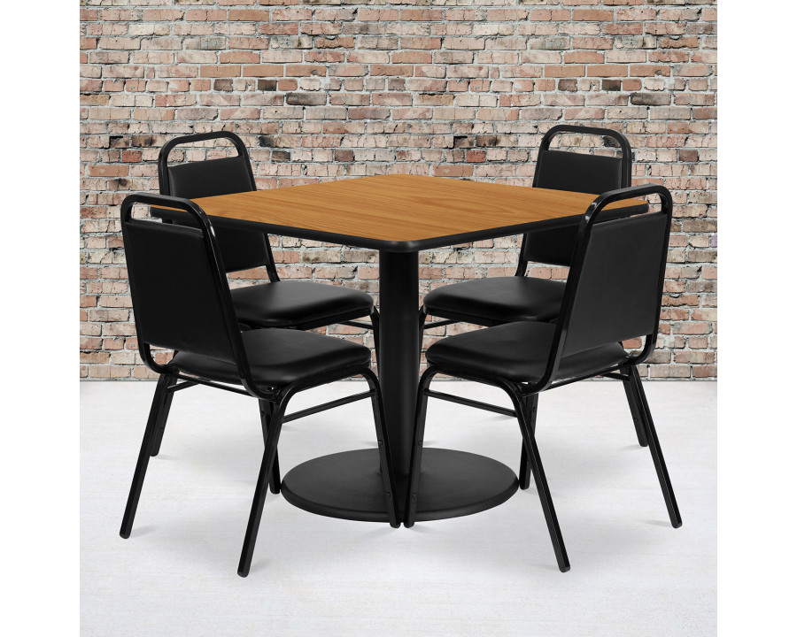 BLNK Jamie Square Laminate Table Set with Round Base and 4 Black Trapezoidal Back Banquet Chairs