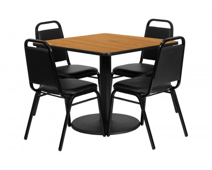 BLNK Jamie Square Laminate Table Set with Round Base and 4 Black Trapezoidal Back Banquet Chairs