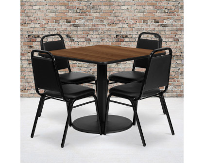 BLNK Jamie Square Laminate Table Set with Round Base and 4 Black Trapezoidal Back Banquet Chairs