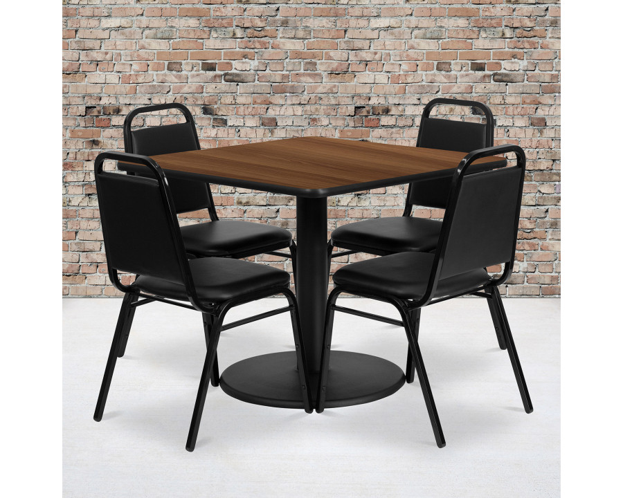 BLNK Jamie Square Laminate Table Set with Round Base and 4 Black Trapezoidal Back Banquet Chairs - Walnut