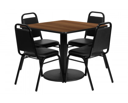 BLNK Jamie Square Laminate Table Set with Round Base and 4 Black Trapezoidal Back Banquet Chairs - Walnut