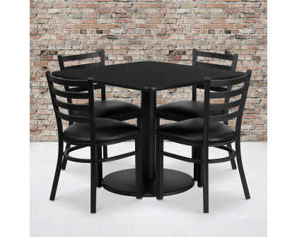 BLNK Jamie Square Laminate Table Set with Round Base and 4 Ladder Back Metal Chairs with Black Vinyl Seat