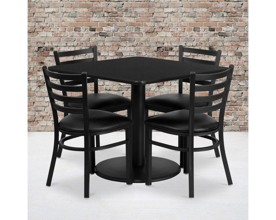 BLNK Jamie Square Laminate Table Set with Round Base and 4 Ladder Back Metal Chairs with Black Vinyl Seat - Black