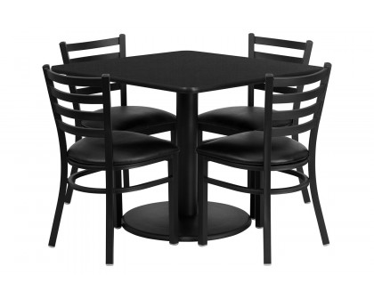 BLNK Jamie Square Laminate Table Set with Round Base and 4 Ladder Back Metal Chairs with Black Vinyl Seat - Black