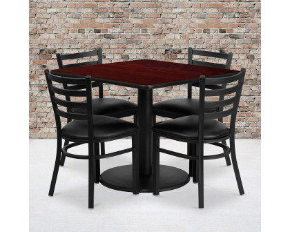 BLNK Jamie Square Laminate Table Set with Round Base and 4 Ladder Back Metal Chairs with Black Vinyl Seat