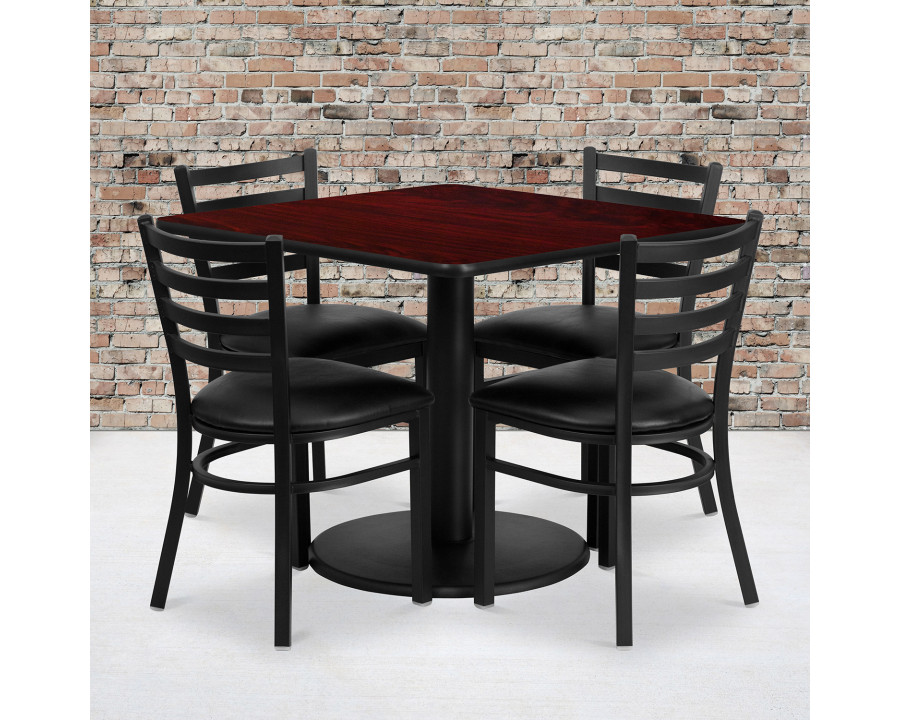 BLNK Jamie Square Laminate Table Set with Round Base and 4 Ladder Back Metal Chairs with Black Vinyl Seat - Mahogany