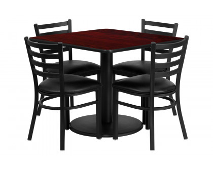 BLNK Jamie Square Laminate Table Set with Round Base and 4 Ladder Back Metal Chairs with Black Vinyl Seat - Mahogany