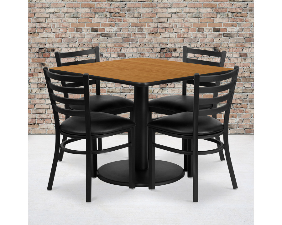 BLNK Jamie Square Laminate Table Set with Round Base and 4 Ladder Back Metal Chairs with Black Vinyl Seat