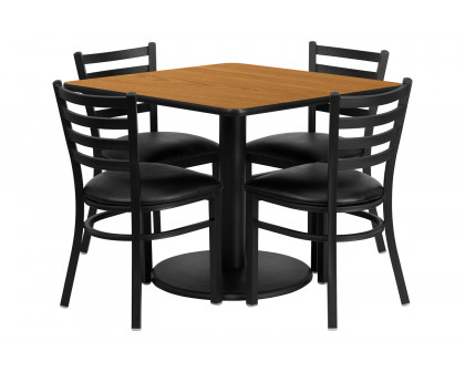 BLNK Jamie Square Laminate Table Set with Round Base and 4 Ladder Back Metal Chairs with Black Vinyl Seat