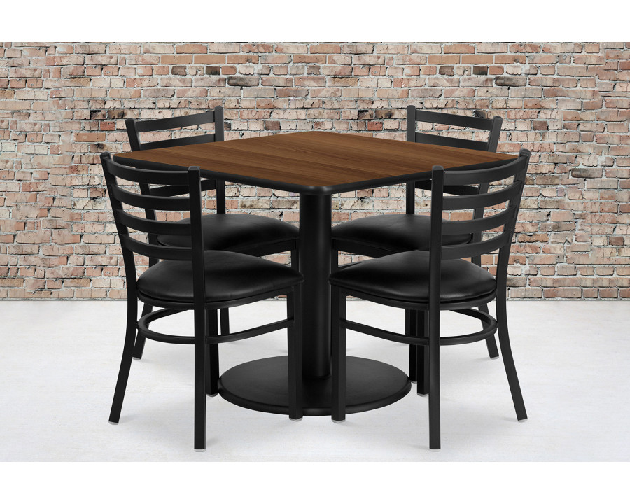 BLNK - Jamie Square Walnut Laminate Table Set with Round Base and 4 Ladder Back Metal Chairs in Black Vinyl Seat