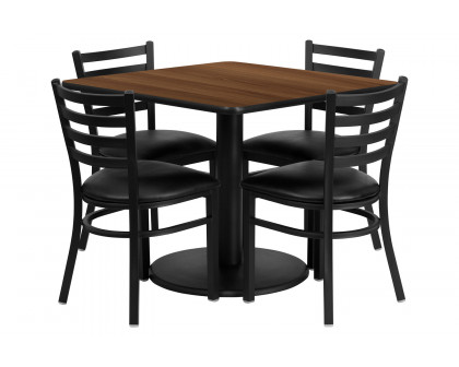 BLNK - Jamie Square Walnut Laminate Table Set with Round Base and 4 Ladder Back Metal Chairs in Black Vinyl Seat