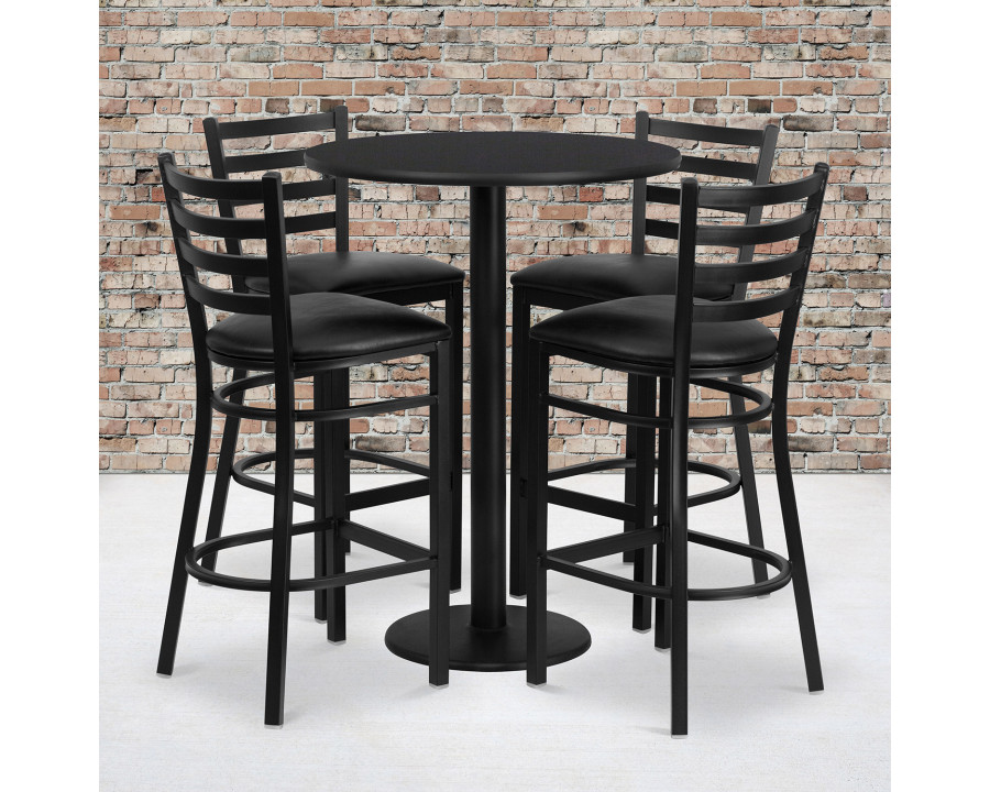 BLNK Jamie Round Laminate Table Set with Round Base and 4 Ladder Back Metal Bar Stools with Black Vinyl Seat - Black