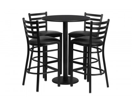 BLNK Jamie Round Laminate Table Set with Round Base and 4 Ladder Back Metal Bar Stools with Black Vinyl Seat - Black