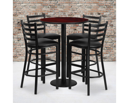 BLNK Jamie Round Laminate Table Set with Round Base and 4 Ladder Back Metal Bar Stools with Black Vinyl Seat