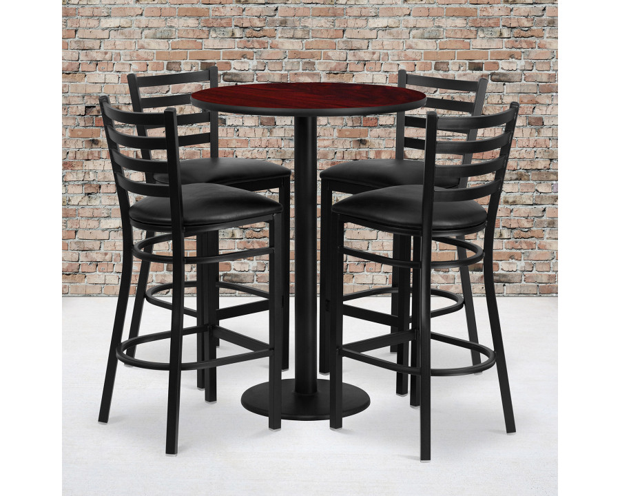 BLNK Jamie Round Laminate Table Set with Round Base and 4 Ladder Back Metal Bar Stools with Black Vinyl Seat - Mahogany