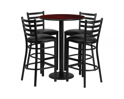 BLNK Jamie Round Laminate Table Set with Round Base and 4 Ladder Back Metal Bar Stools with Black Vinyl Seat - Mahogany