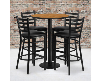 BLNK Jamie Round Laminate Table Set with Round Base and 4 Ladder Back Metal Bar Stools with Black Vinyl Seat