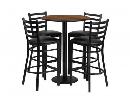 BLNK Jamie Round Laminate Table Set with Round Base and 4 Ladder Back Metal Bar Stools with Black Vinyl Seat