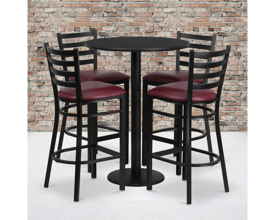 BLNK Jamie Round Laminate Table Set with Round Base and 4 Ladder Back Metal Bar Stools with Burgundy Vinyl Seat - Black