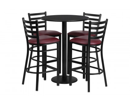 BLNK Jamie Round Laminate Table Set with Round Base and 4 Ladder Back Metal Bar Stools with Burgundy Vinyl Seat - Black