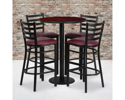 BLNK Jamie Round Laminate Table Set with Round Base and 4 Ladder Back Metal Bar Stools with Burgundy Vinyl Seat