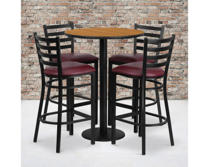 BLNK Jamie Round Laminate Table Set with Round Base and 4 Ladder Back Metal Bar Stools with Burgundy Vinyl Seat