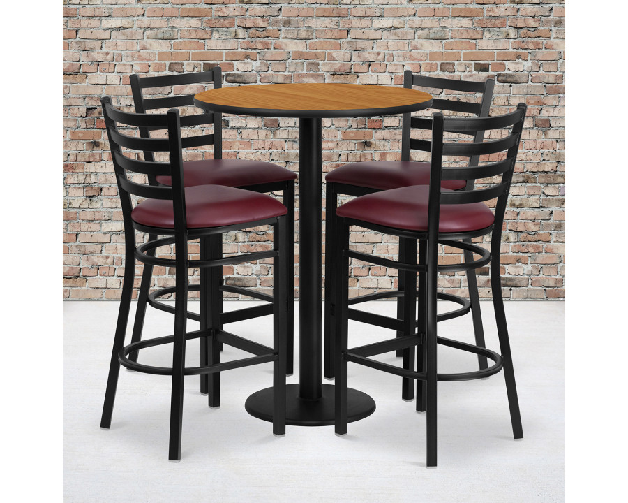 BLNK Jamie Round Laminate Table Set with Round Base and 4 Ladder Back Metal Bar Stools with Burgundy Vinyl Seat - Natural