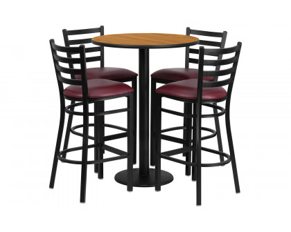 BLNK Jamie Round Laminate Table Set with Round Base and 4 Ladder Back Metal Bar Stools with Burgundy Vinyl Seat - Natural