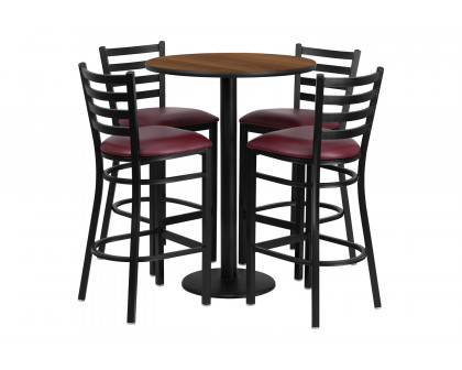 BLNK Jamie Round Laminate Table Set with Round Base and 4 Ladder Back Metal Bar Stools with Burgundy Vinyl Seat