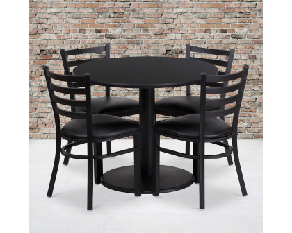 BLNK Jamie Round Black Laminate Table Set with Round Base and 4 Ladder Back Metal Chairs with Vinyl Seat