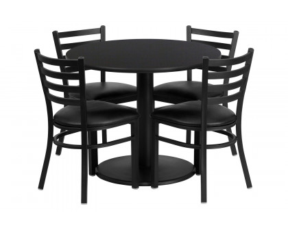 BLNK Jamie Round Black Laminate Table Set with Round Base and 4 Ladder Back Metal Chairs with Vinyl Seat - Black