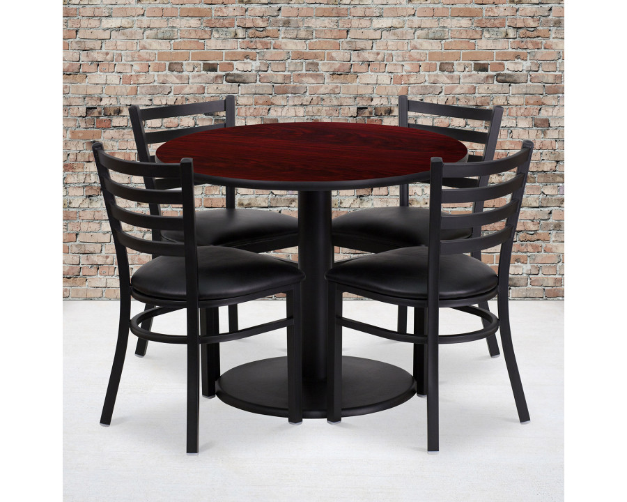 BLNK Jamie Round Mahogany Laminate Table Set with Round Base and 4 Ladder Back Metal Chairs with Vinyl Seat