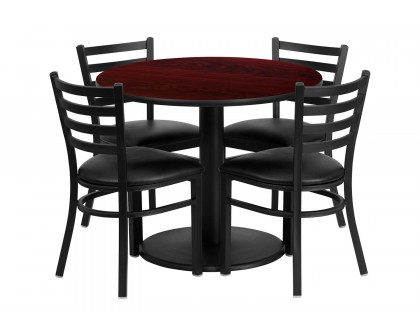 BLNK Jamie Round Mahogany Laminate Table Set with Round Base and 4 Ladder Back Metal Chairs with Vinyl Seat