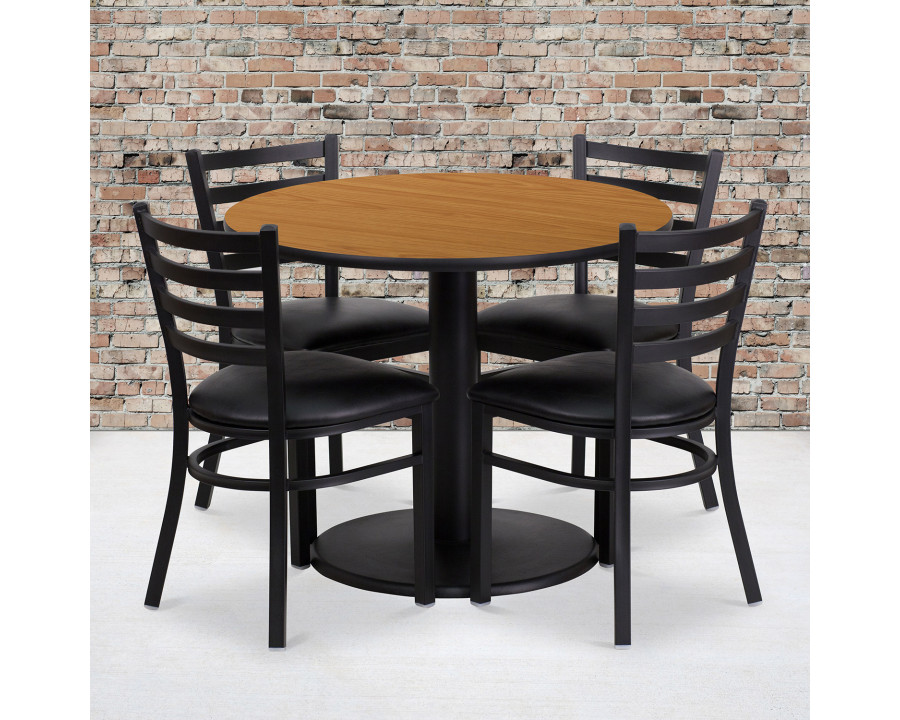 BLNK Jamie Round Natural Laminate Table Set with Round Base and 4 Ladder Back Metal Chairs with Vinyl Seat