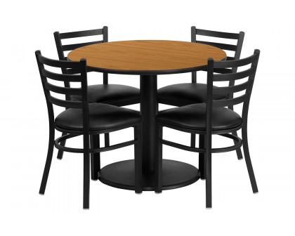 BLNK Jamie Round Natural Laminate Table Set with Round Base and 4 Ladder Back Metal Chairs with Vinyl Seat