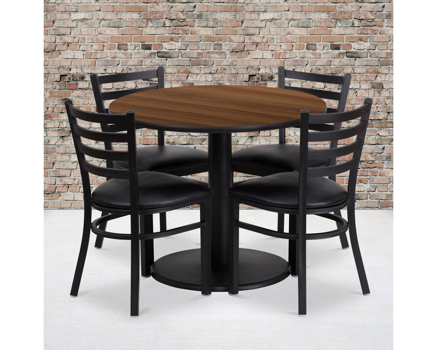 BLNK Jamie Round Walnut Laminate Table Set with Round Base and 4 Ladder Back Metal Chairs with Vinyl Seat