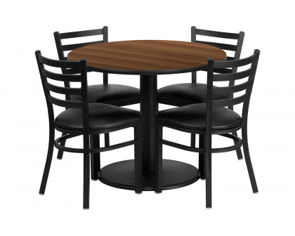 BLNK Jamie Round Walnut Laminate Table Set with Round Base and 4 Ladder Back Metal Chairs with Vinyl Seat