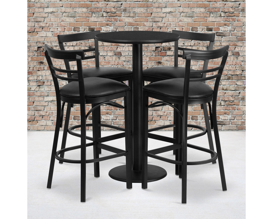 BLNK Jamie Round Laminate Table Set with Round Base and 4 Two-Slat Ladder Back Metal Bar Stools with Black Vinyl Seat